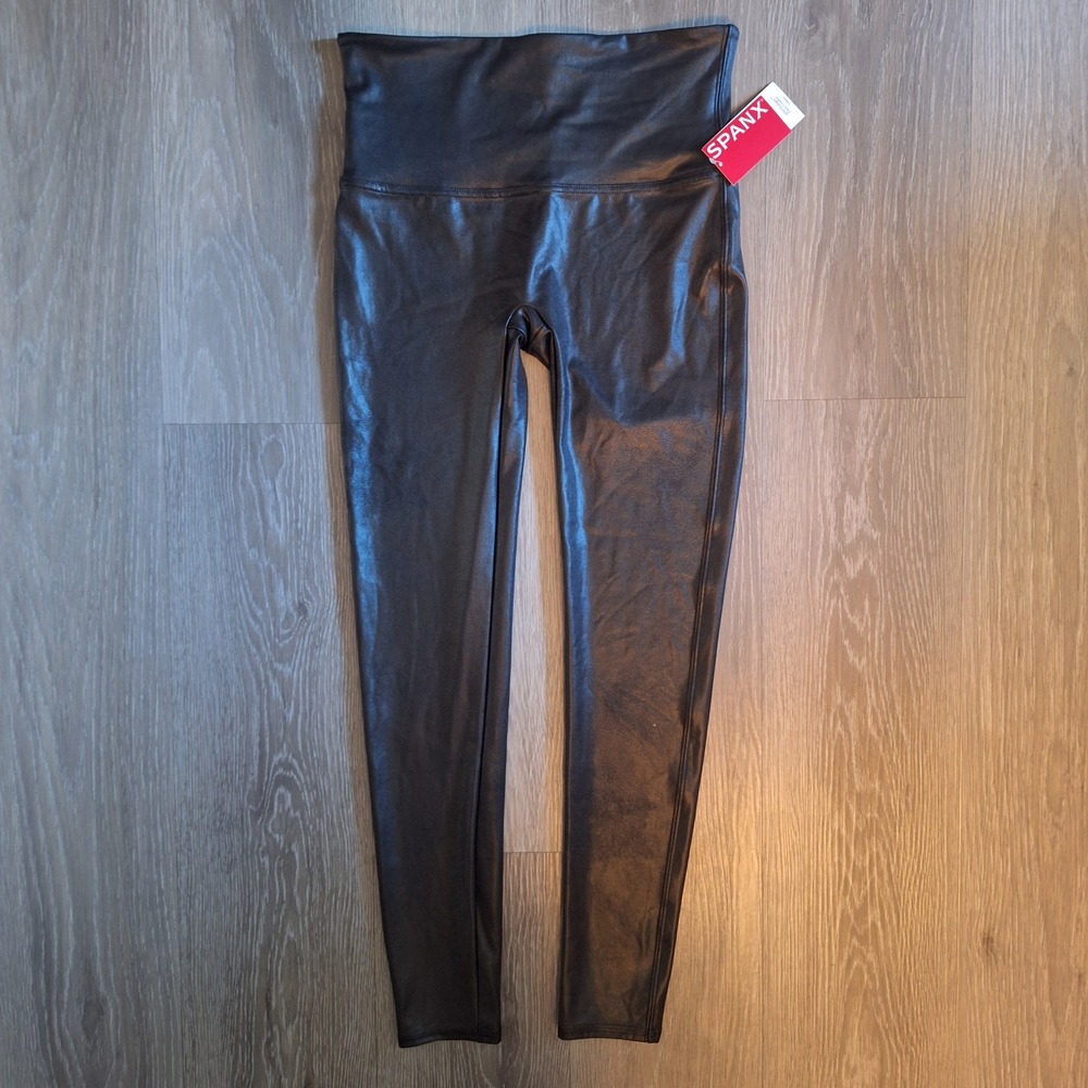 SPANX Faux Leather Leggings Black High Rise Shaping Pants NWT Size Large